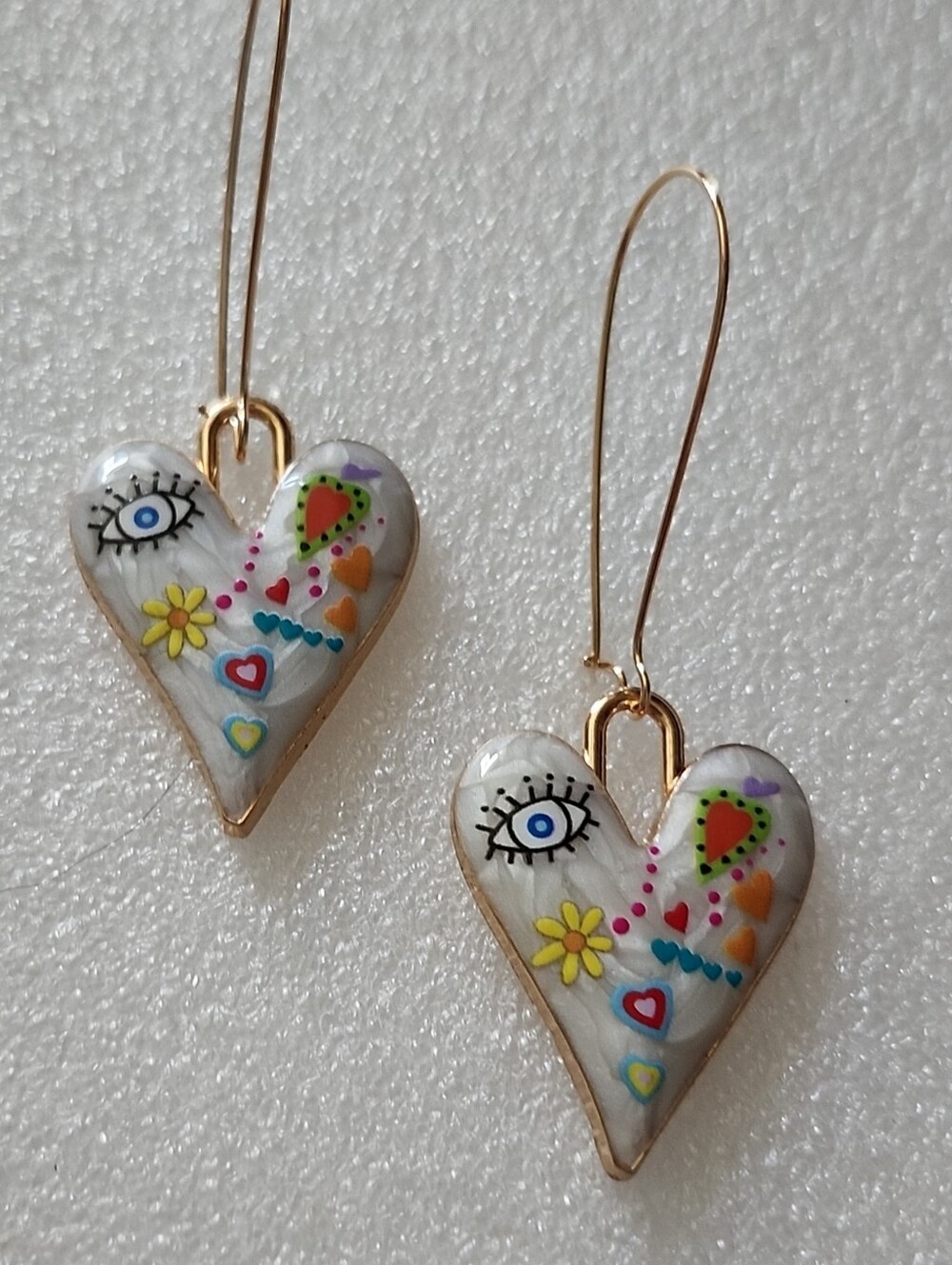 Hand Crafted White Enamel Heart Earrings with Multicolor Accents
